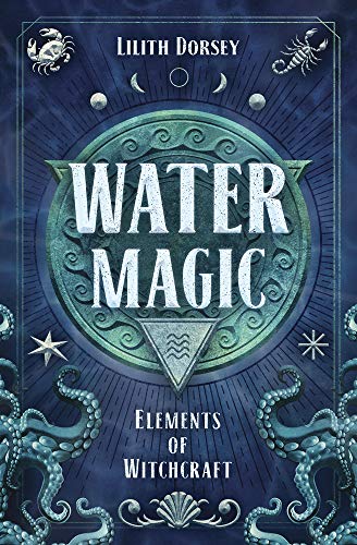 Book cover with mystical symbols, water elements, and witchcraft themes in muted colors.