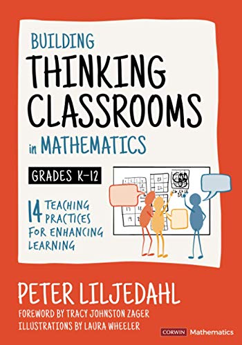 Book cover with title Building Thinking Classrooms in Mathematics and cartoon figures at whiteboard.