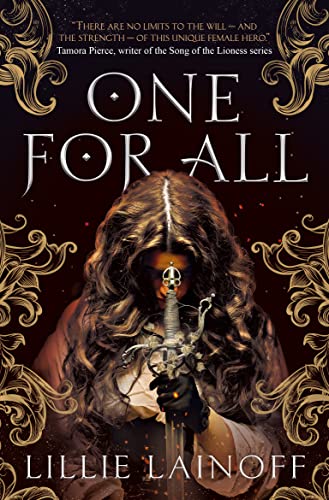 Book cover: woman with long hair holding a sword, ornate gold design.