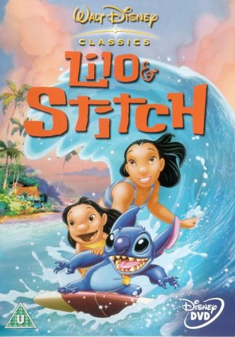 DVDScreencap of Lilo & Stitch DVD cover showing characters surfing on a wave.