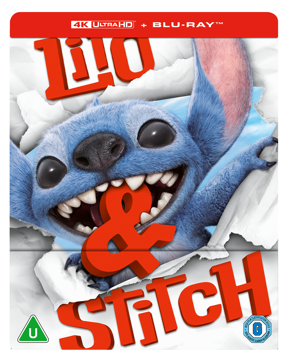 Stitch peeks through torn white paper on a Lilo & Stitch movie cover.