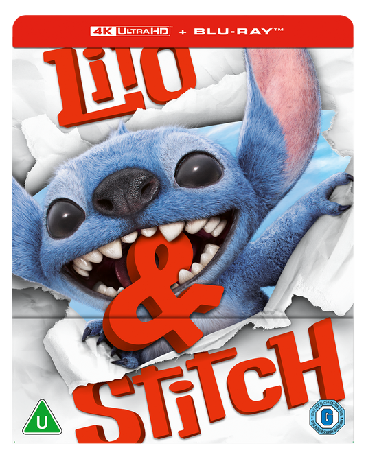Stitch peeks through torn white paper on a Lilo & Stitch movie cover.