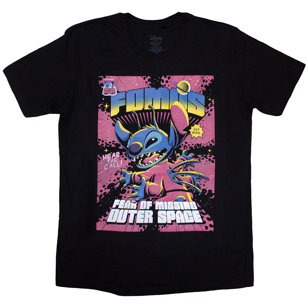Large blue t-shirt featuring Lilo & Stitch “FOMOS” graphic design.