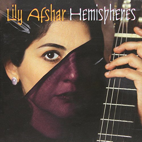 "Lily Afshar's album cover featuring a woman's face and a guitar."