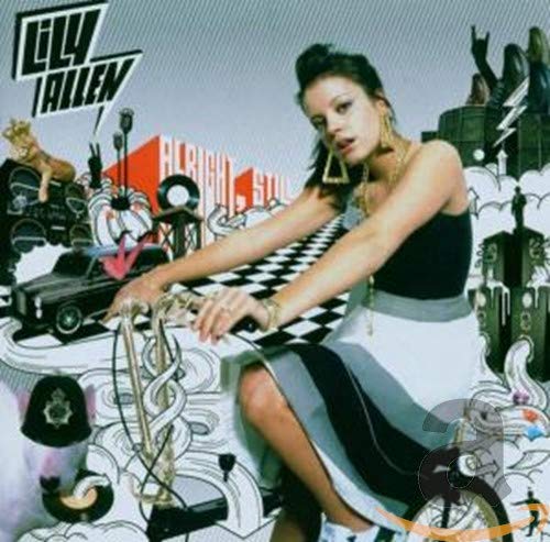 Lily Allen sits on a bicycle against a background of illustrated city icons.