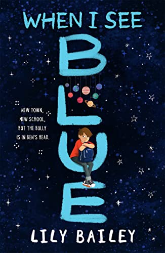 Book cover: boy with backpack sits under large, colorful letters spelling "BLUE".