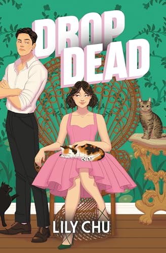 Book cover with illustrated couple, cats, and ornate chair on green background.