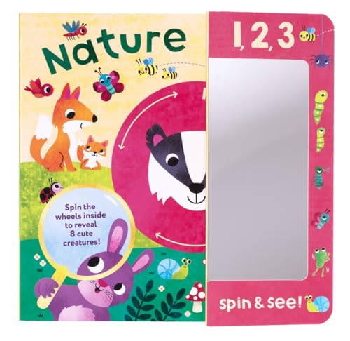 Children’s book cover with animals, a mirror, and spinning wheels.