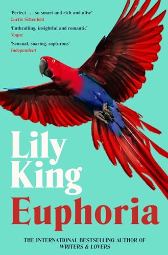 Book cover for Euphoria by Lily King featuring a red parrot on turquoise background.