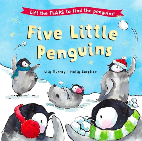 Cover of “Five Little Penguins” children’s book with penguins in snow.