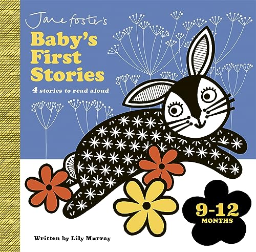 Baby’s first stories book cover with a patterned rabbit and flowers.