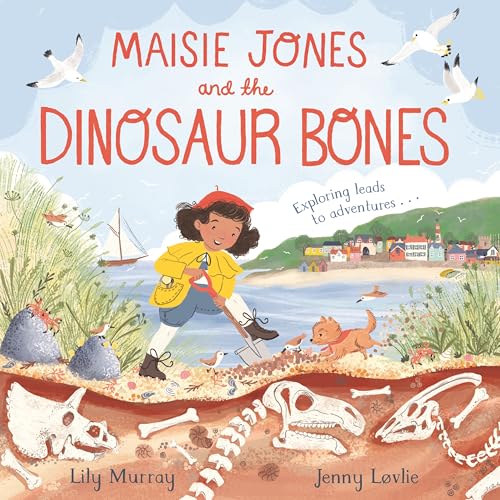 A girl digs for dinosaur bones on a beach with her dog nearby.