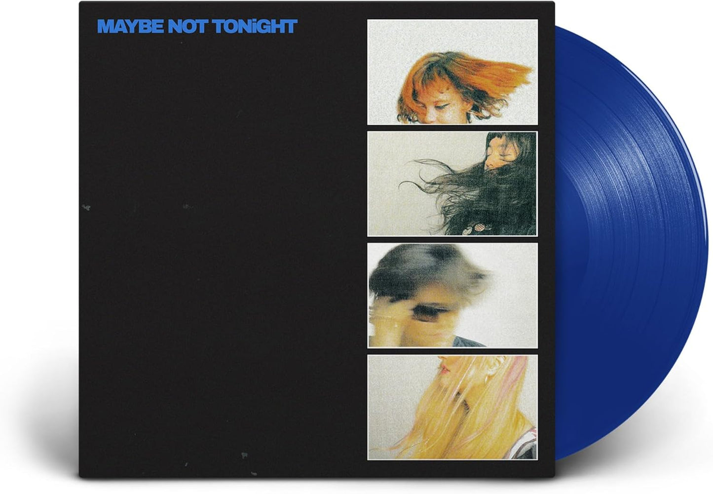Vinyl record with album cover featuring blurred portraits and blue color.