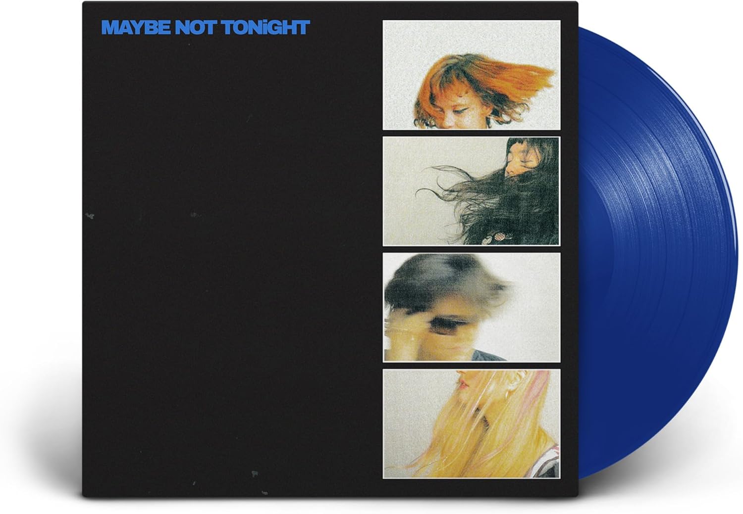 Vinyl record with album cover featuring blurred portraits and blue color.