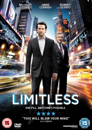 "Image shows DVD cover for 'Limitless' with two men in suits on a city street."