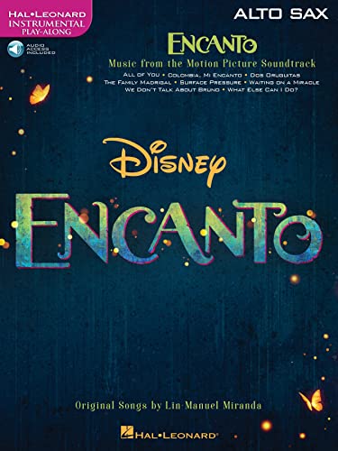 “Encanto” sheet music for alto sax with Disney logo and colorful butterflies.