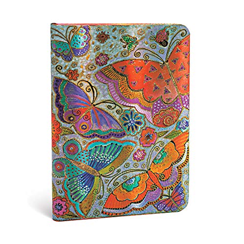 Closed notebook with colorful butterfly and floral pattern cover.