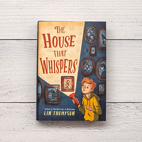 Book cover: "The House That Whispers" with a boy and portraits.