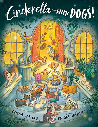 Cinderella with many dogs and a cat at an open doorway.