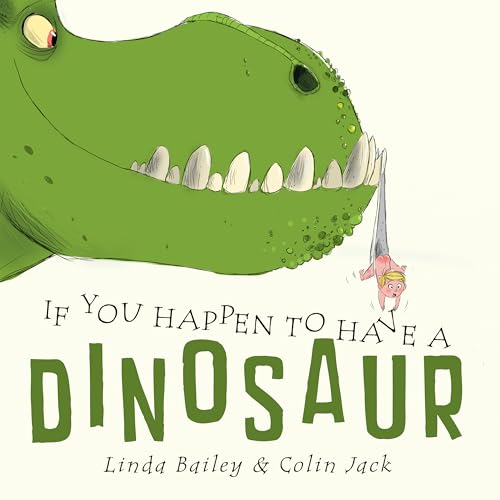 Green dinosaur with sharp teeth looms over a small person; book cover.