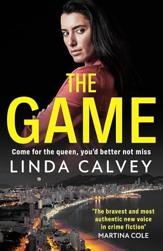 Book cover: woman in red, city skyline, bold yellow title "THE GAME".