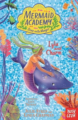 A mermaid with green hair rides a purple dolphin against a blue underwater background.