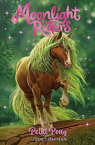 A brown pony with a long green mane stands in a forest with sparkling stars.