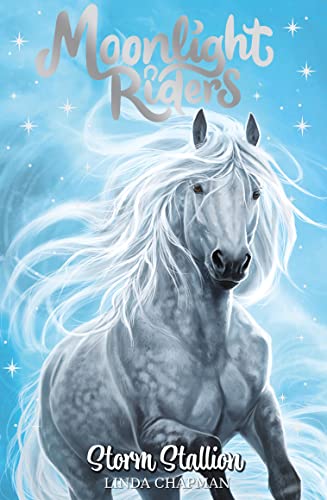 A white horse with a flowing mane against a blue, magical, starry background.