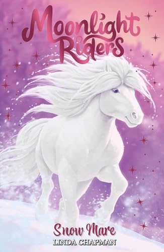 A white horse with a flowing mane runs through a snowy, purple-toned landscape.