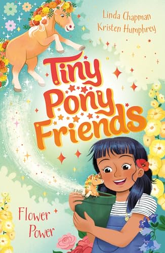 Book cover with a girl, tiny pony, and floral decorations.