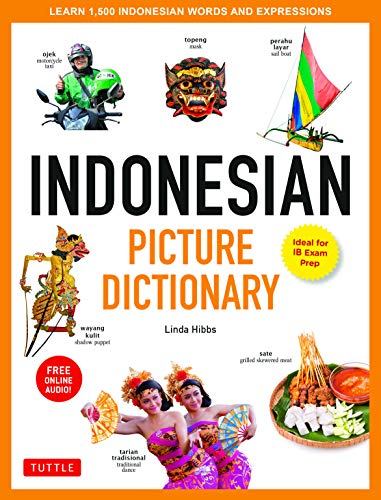 Book cover for Indonesian Picture Dictionary featuring cultural images, text, and an orange border.