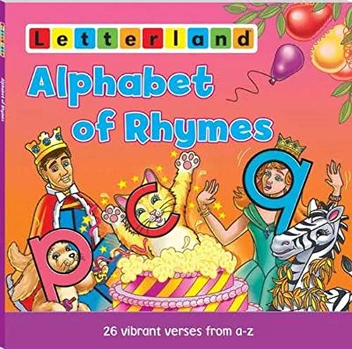 Book cover: “Alphabet of Rhymes” with colorful characters and letters.