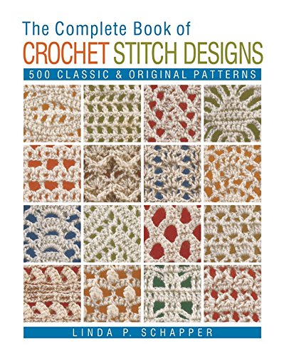 Crochet stitch designs book cover with colorful patterned examples.