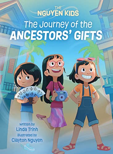 Book cover featuring three smiling children with a tropical house backdrop.