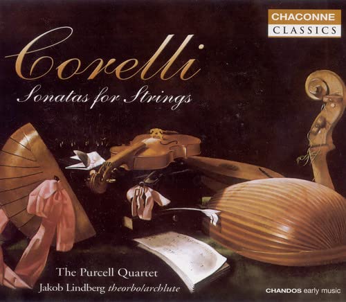 CD cover featuring stringed instruments and sheet music, titled "Corelli: Sonatas for Strings".