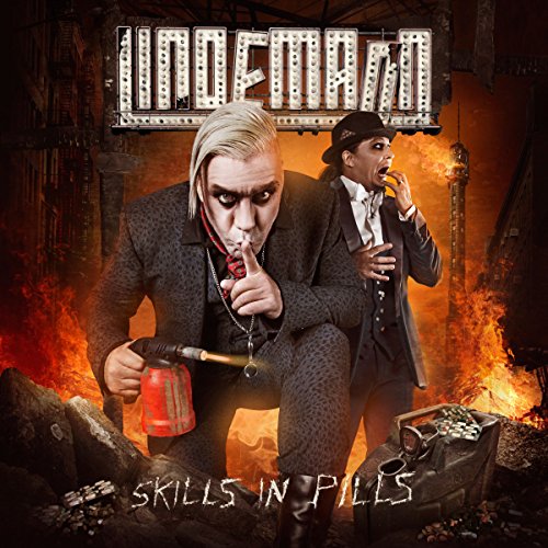 Two figures in suits amid flames, with album title "Skills In Pills".