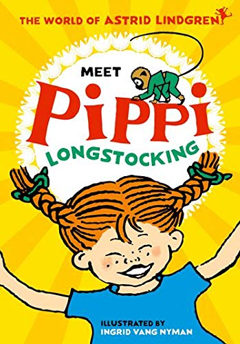 Book cover featuring Pippi Longstocking with red braided hair and a monkey on top.