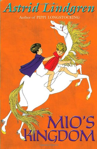 Two boys in capes riding a white horse on an orange book cover.