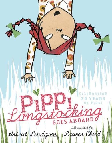 Pippi Longstocking upside down, red hair tied with bows, book cover.
