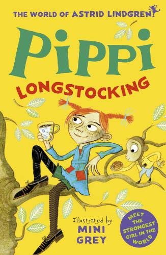 Book cover featuring Pippi Longstocking with a monkey in a tree on yellow background.