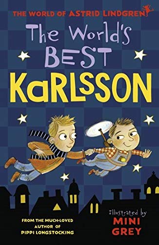 Book cover featuring two cartoon boys flying over a town.