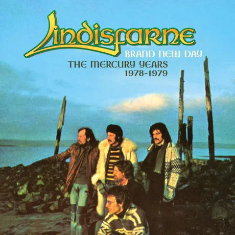 Lindisfarne album cover: band photo on a beach with wooden posts.