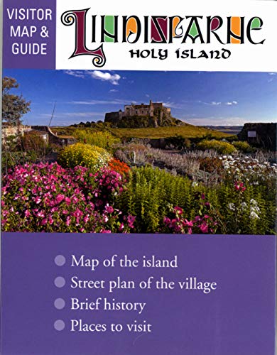 Colourful map of Lindisfarne Island with inset guide and illustrations of local landmarks.
