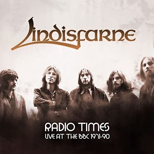 Album cover for Lindisfarne featuring five men and text "Radio Times Live At The BBC".