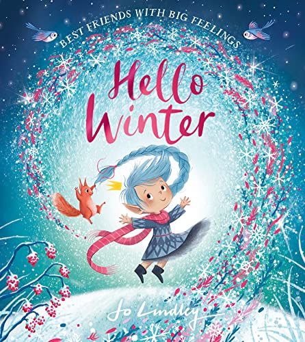 Illustration of a girl and squirrel amidst a snowy, circular winter scene.