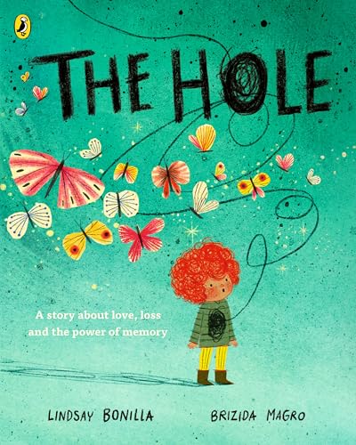 Book cover: a child with red hair, butterflies, and a dark hole.