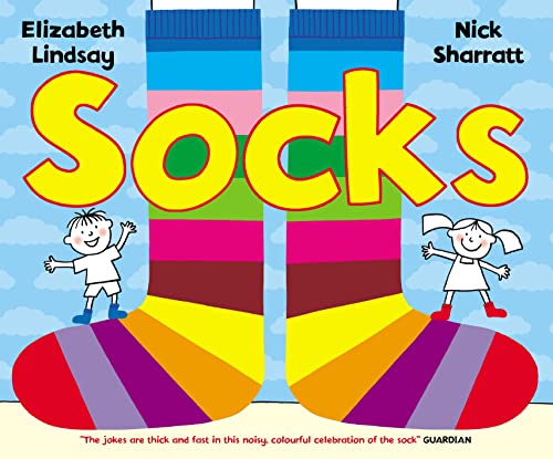 Book cover with colorful striped socks and children waving.