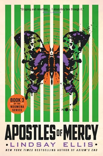 Book cover: "Apostles of Mercy" with a butterfly and green stripes.