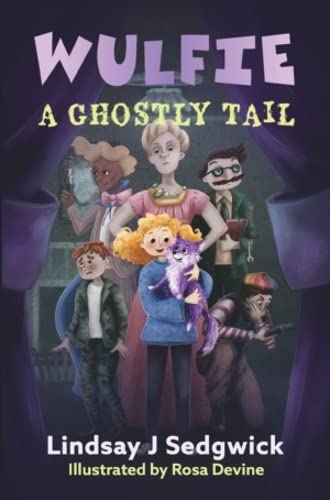 Book cover: children with a purple cat, ghosts, and ornate interior.