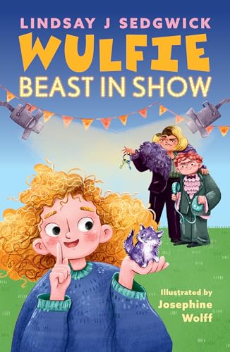 Book cover: girl with curly hair, a fluffy purple dog, and two adults.